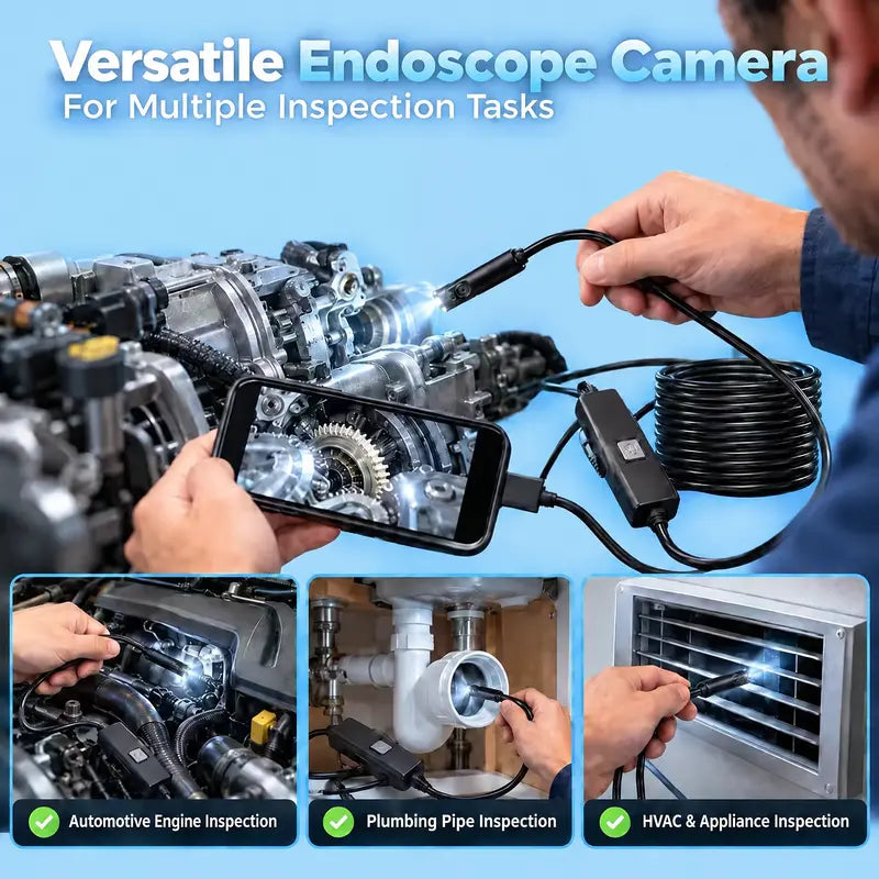 Inspection camera being used for automotive engine inspection, plumbing and appliance maintenance