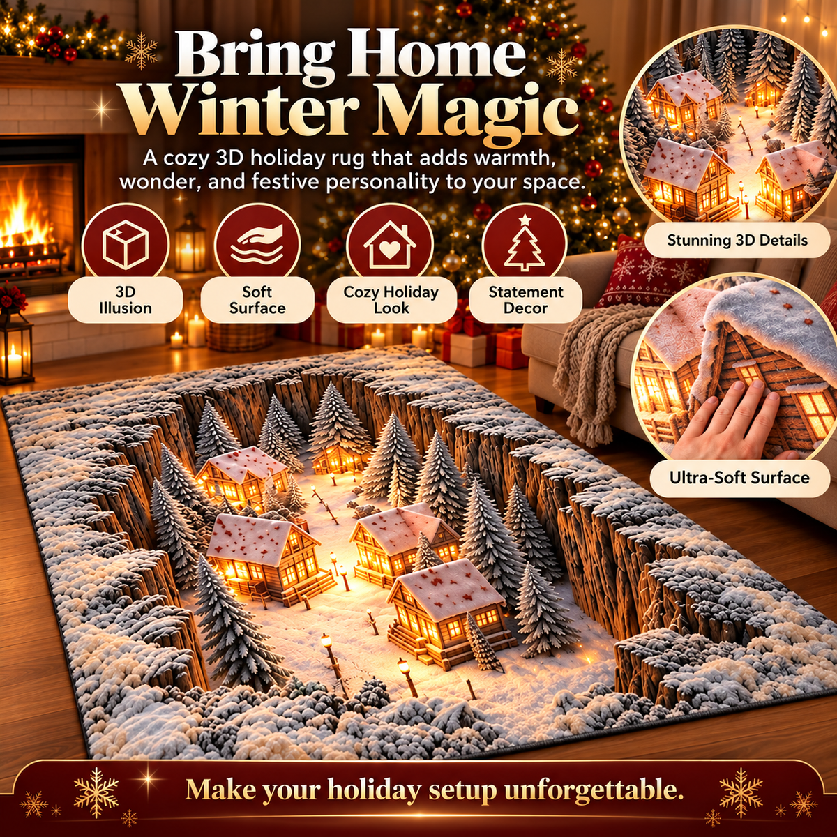 🎄✨ 3D Winter Village Christmas Rug ❄️🏡 Cozy Snowy Cabin 3D Illusion Floor Mat 🏠🔥 Festive Holiday Home Decor 🎁🌟