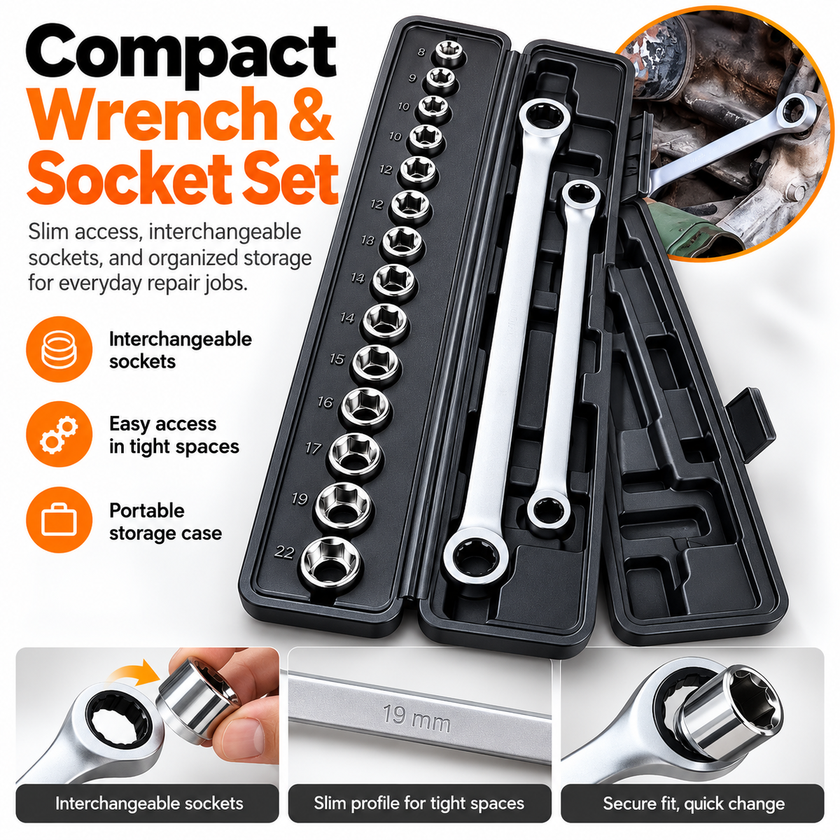 🔩15-in-1 Compact Ratcheting Wrench & Socket Set – Built for Tight-Space Repairs