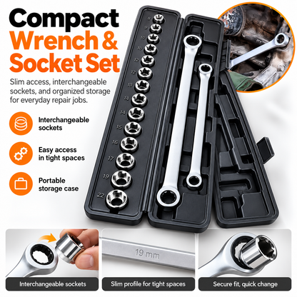 🔩15-in-1 Compact Ratcheting Wrench & Socket Set – Built for Tight-Space Repairs