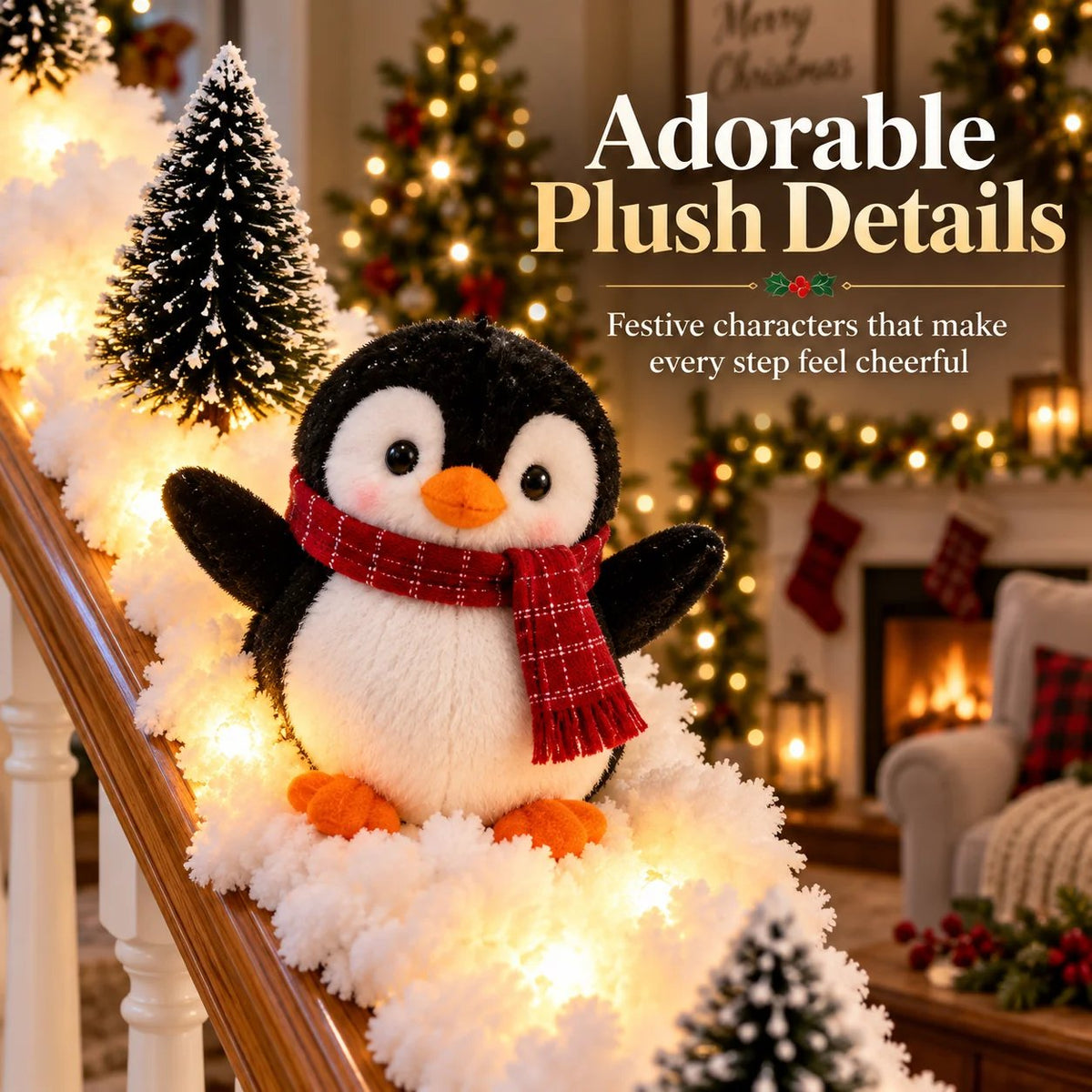Cute plush Christmas penguin with scarf in snowy stair railing display