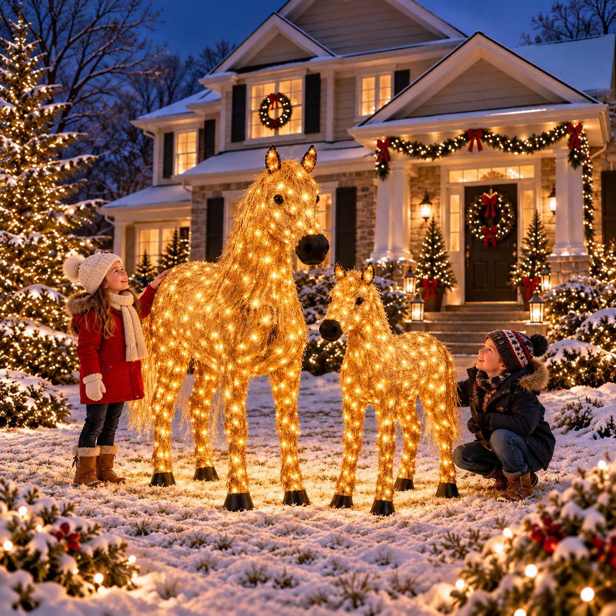 ✨🐎 Light-Up Christmas Horse & Foal Set – Warm White LED Holiday Display