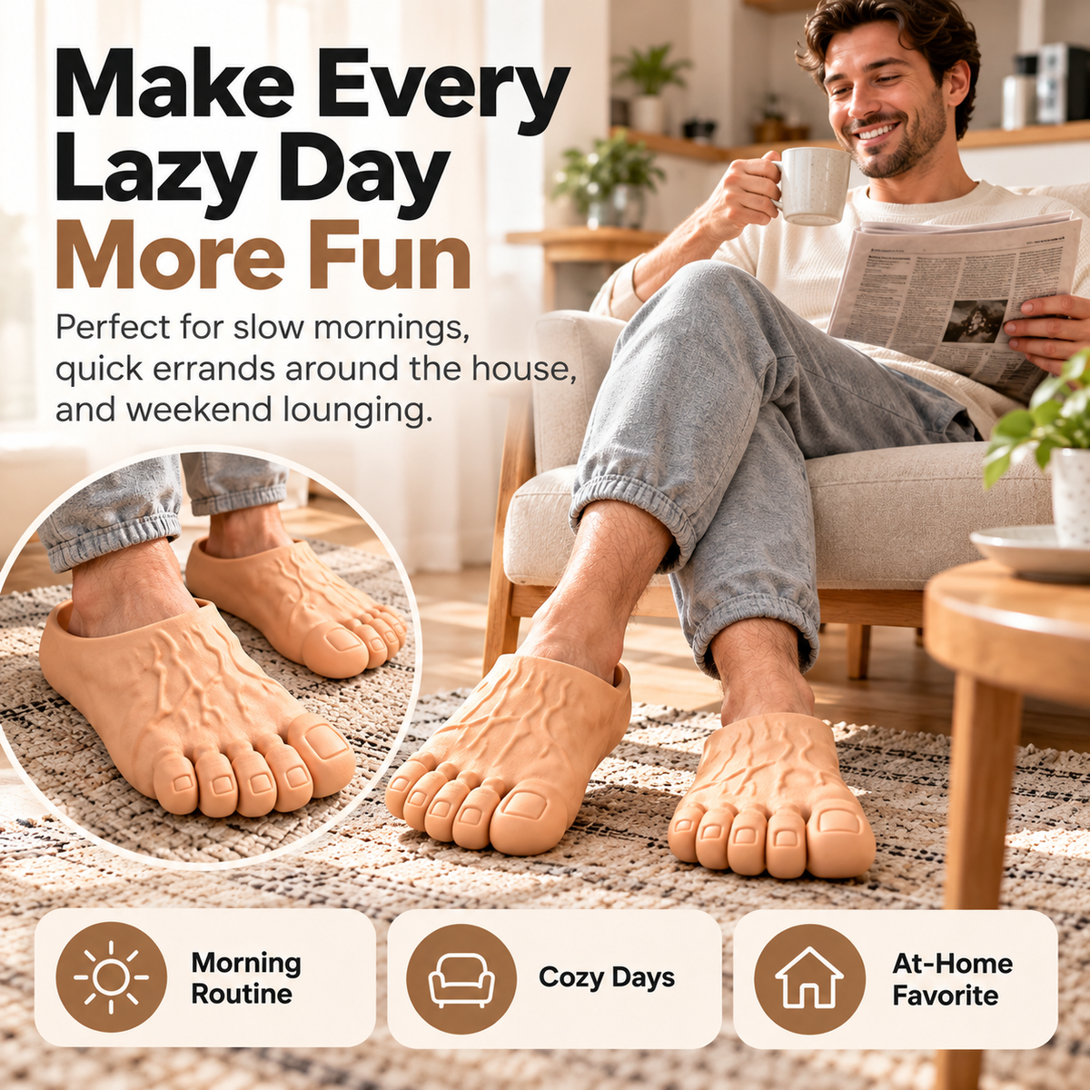 Novelty slippers worn during a relaxed morning at home