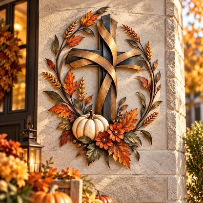 ✝️🍂 Autumn Cross & Pumpkin Metal Wall Art 🎃🌾 | Faith-Inspired Fall & Farmhouse Decor ✨🏡