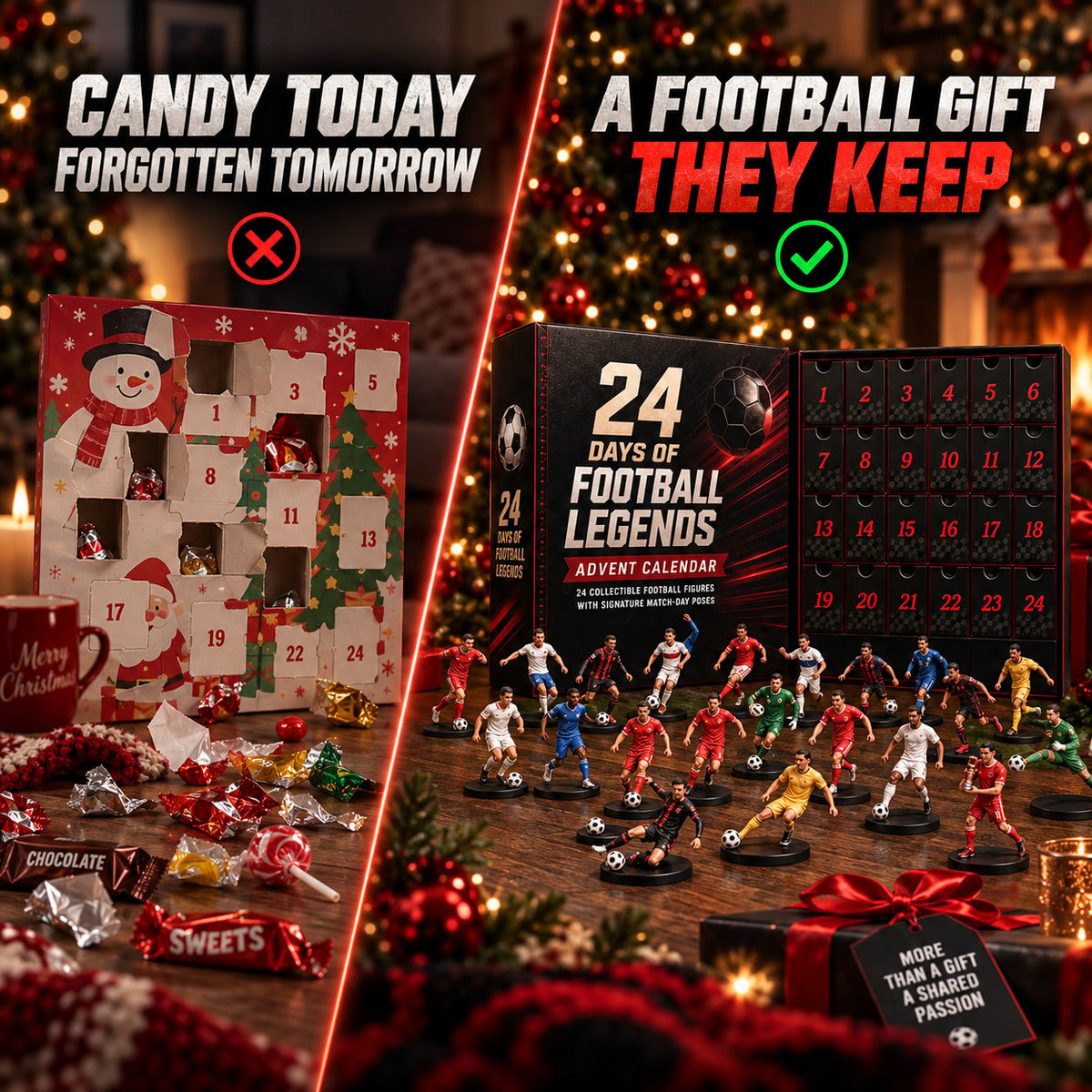 Football figure advent calendar compared with a candy advent calendar