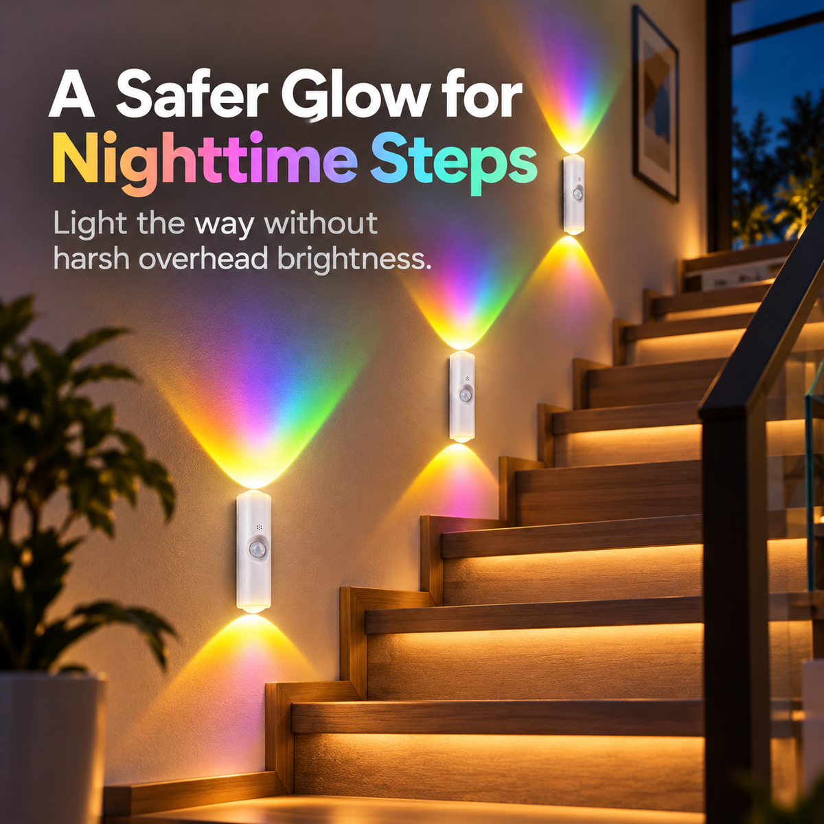 Motion sensor wall lights illuminating a staircase at night