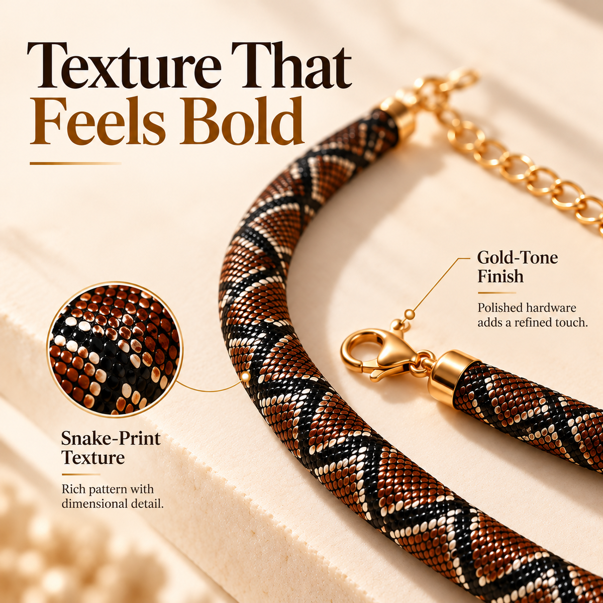 🐍 Snake-Print Statement Collar Necklace | Bold Textured Choker, Gold-Tone Adjustable Chain & Day-to-Night Style 💛
