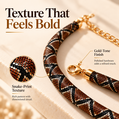 🐍 Snake-Print Statement Collar Necklace | Bold Textured Choker, Gold-Tone Adjustable Chain & Day-to-Night Style 💛