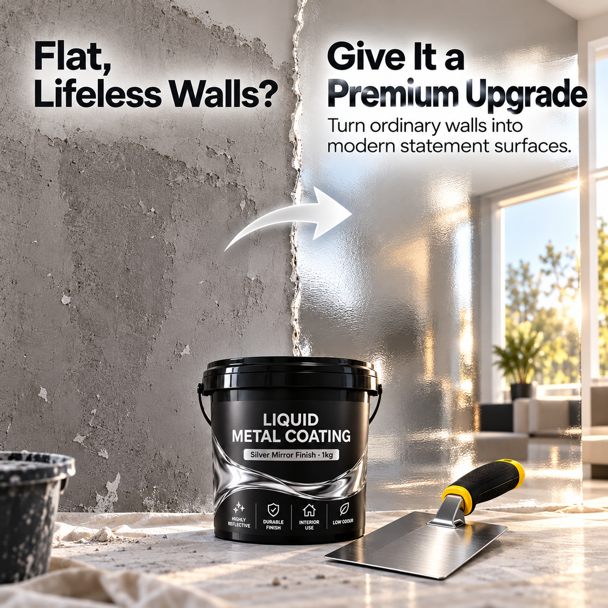 Before and after comparison of an unfinished wall and a reflective silver metallic accent wall