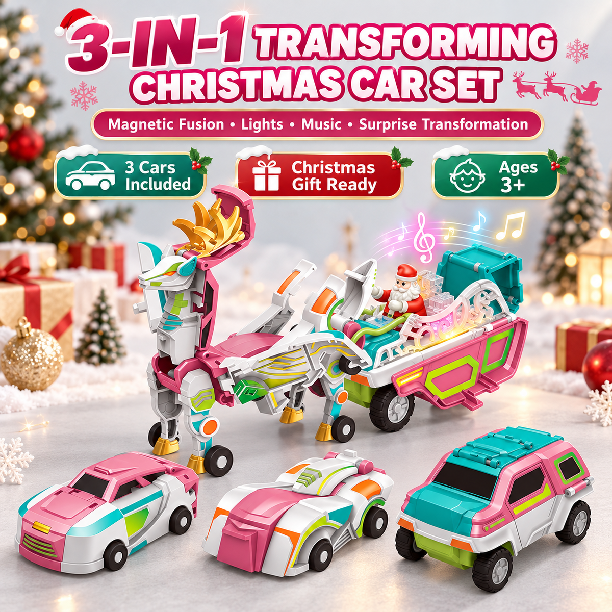 Pink three-in-one Christmas transforming car set featuring three individual cars and a completed Santa robotic reindeer sleigh