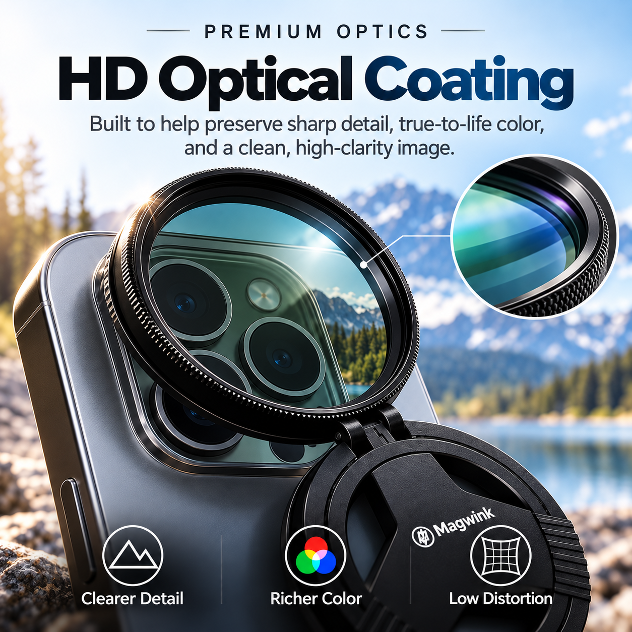 Close-up of coated glass surface and ridged rotating ring of magnetic CPL phone filter mounted on smartphone