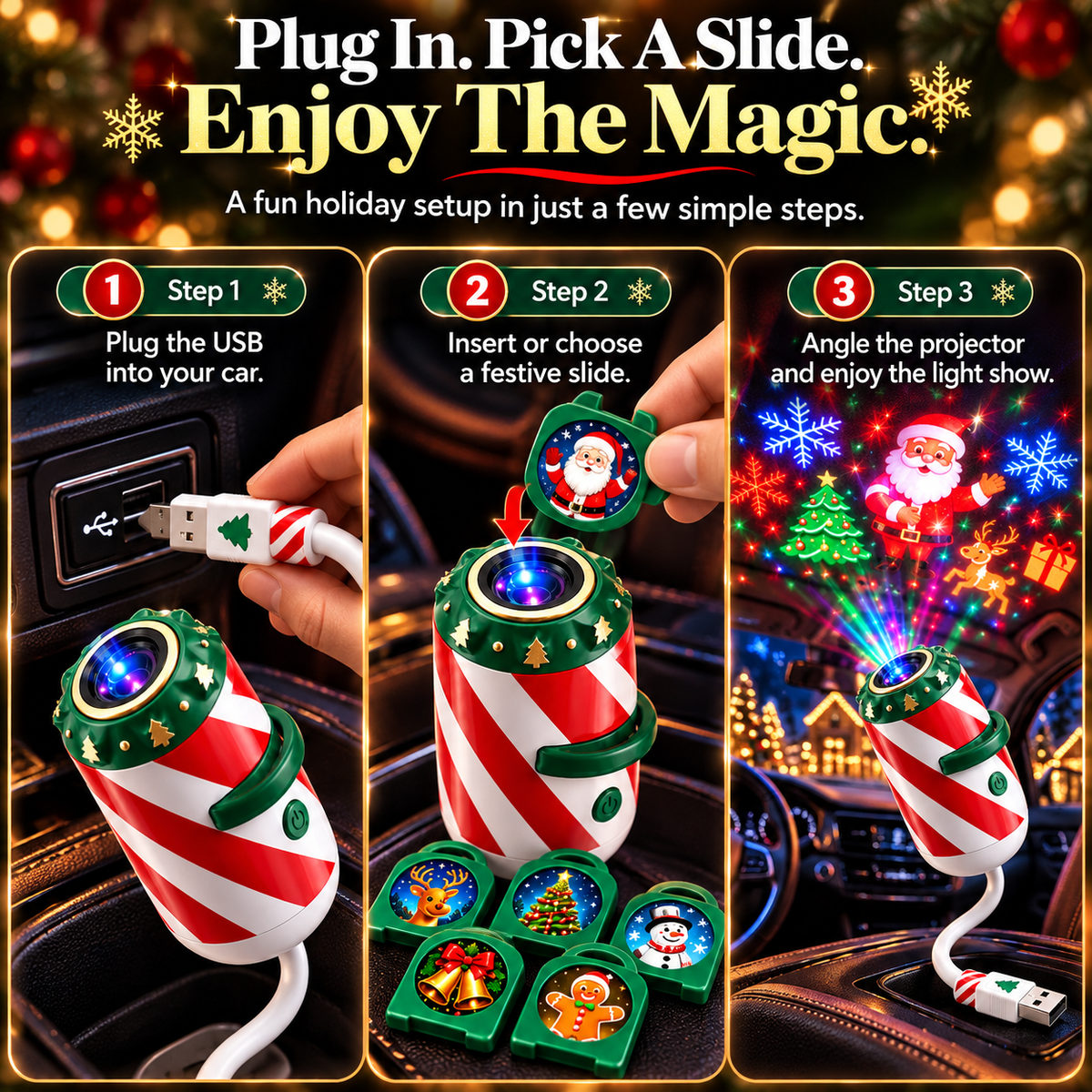 Three steps for using the Christmas car projector plug in select slide and adjust angle