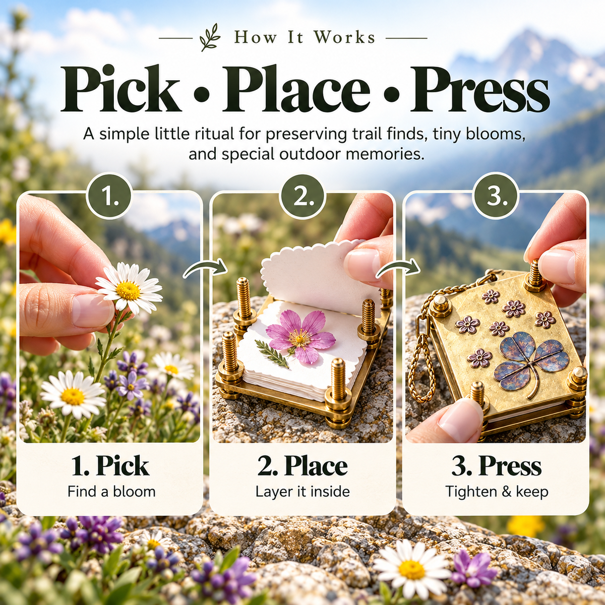 Pick place press three step mini flower pressing process