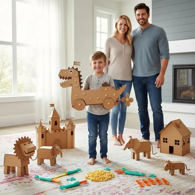 Happy child holding a handmade cardboard dinosaur vehicle surrounded by cardboard animals castles and house projects with parents