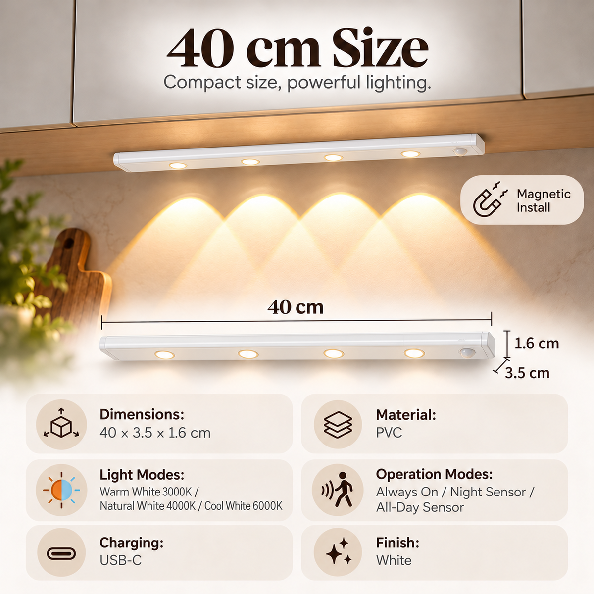 White rechargeable magnetic motion sensor under cabinet light