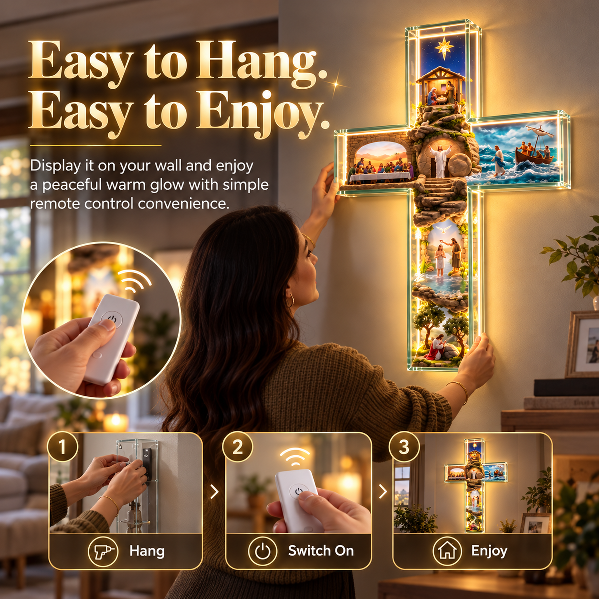✝️Illuminated 3D Biblical Story Cross – Warm LED Christian Wall Decor & Meaningful Faith Gift