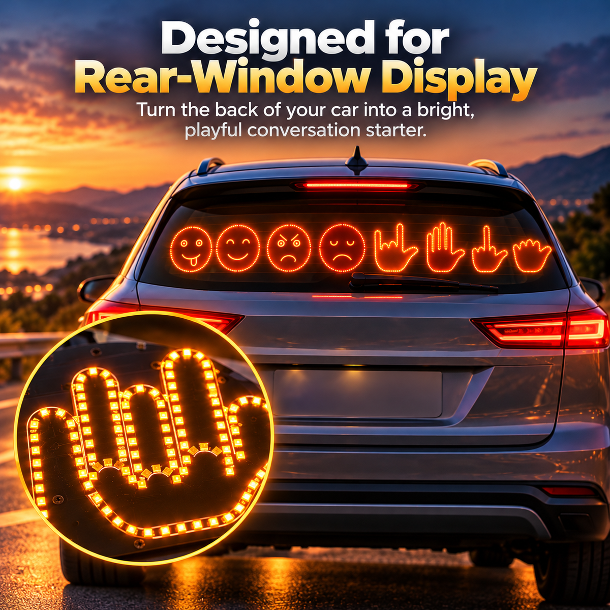 🚗🔥 LED Car Rear Window Gesture Light 😎🖕😂 – Funny Emoji & Hand Sign Display ✨ Wireless Remote Control 🚘 4 Modes | Fun Car Accessories 🎁