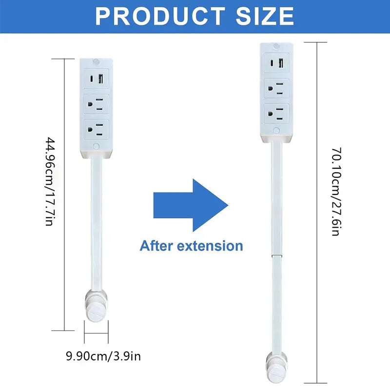 Size comparison showing adjustable wall outlet extender measuring approximately 17.7 inches retracted and 27.6 inches extended