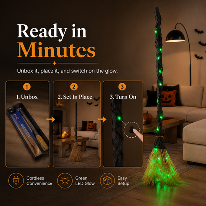 Light-Up Witch Broom Halloween Decor – Spooky Green LED Witch Broom