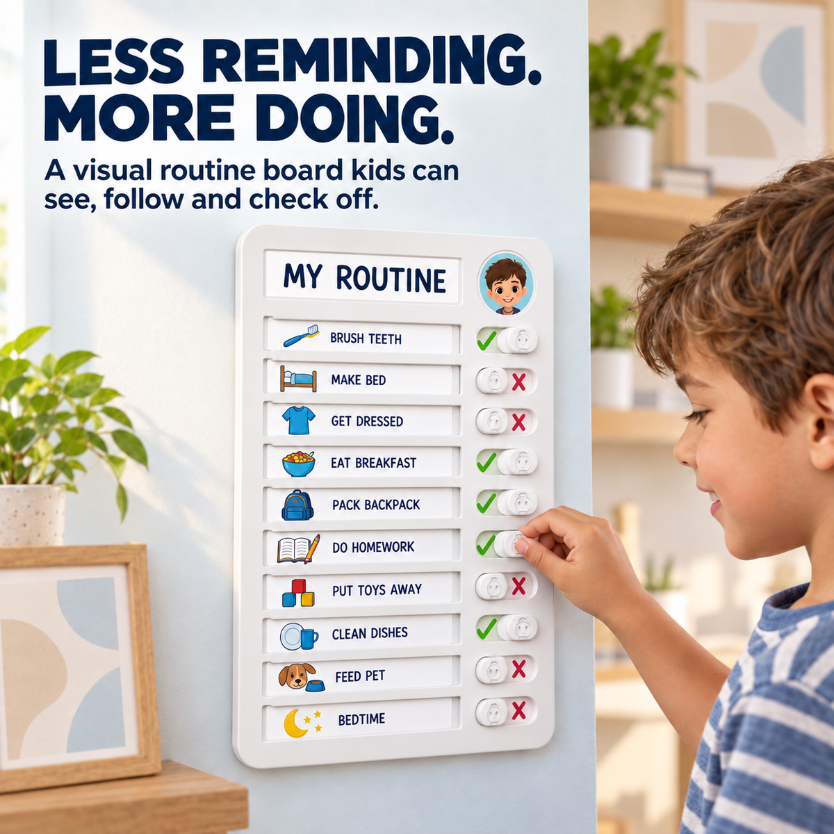 Child using a visual routine and chore board with picture task cards and completion sliders