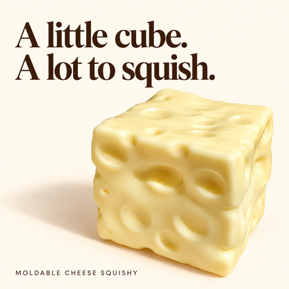 Yellow moldable cheese cube squishy with dimpled texture