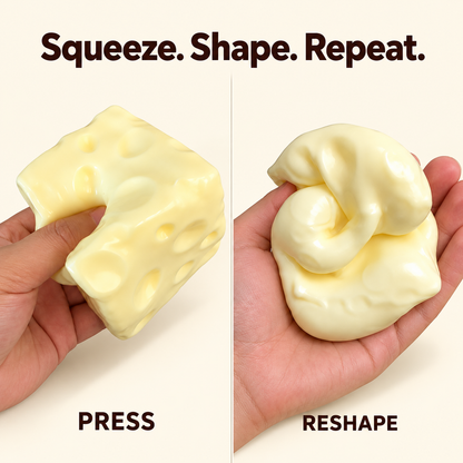 Hands pressing and reshaping a yellow cheese cube fidget toy