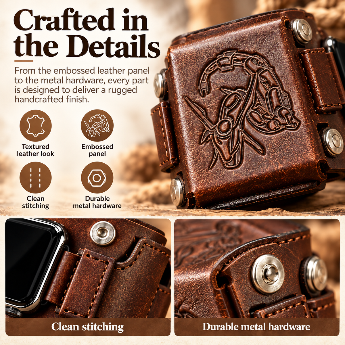 Close-up of embossed panel, stitching and metal hardware