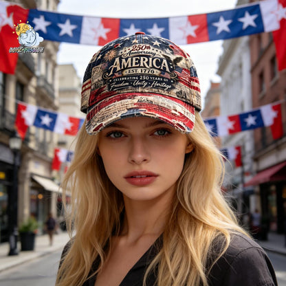 250th Anniversary Baseball Cap Distressed American Flag Print Sun Hat