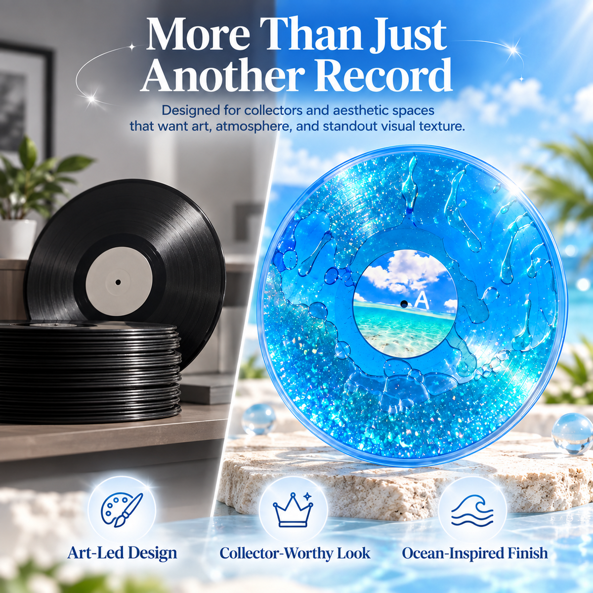 🌊Ocean Dream Liquid-Filled Vinyl Art Disc – Iridescent Glitter Collector Decor