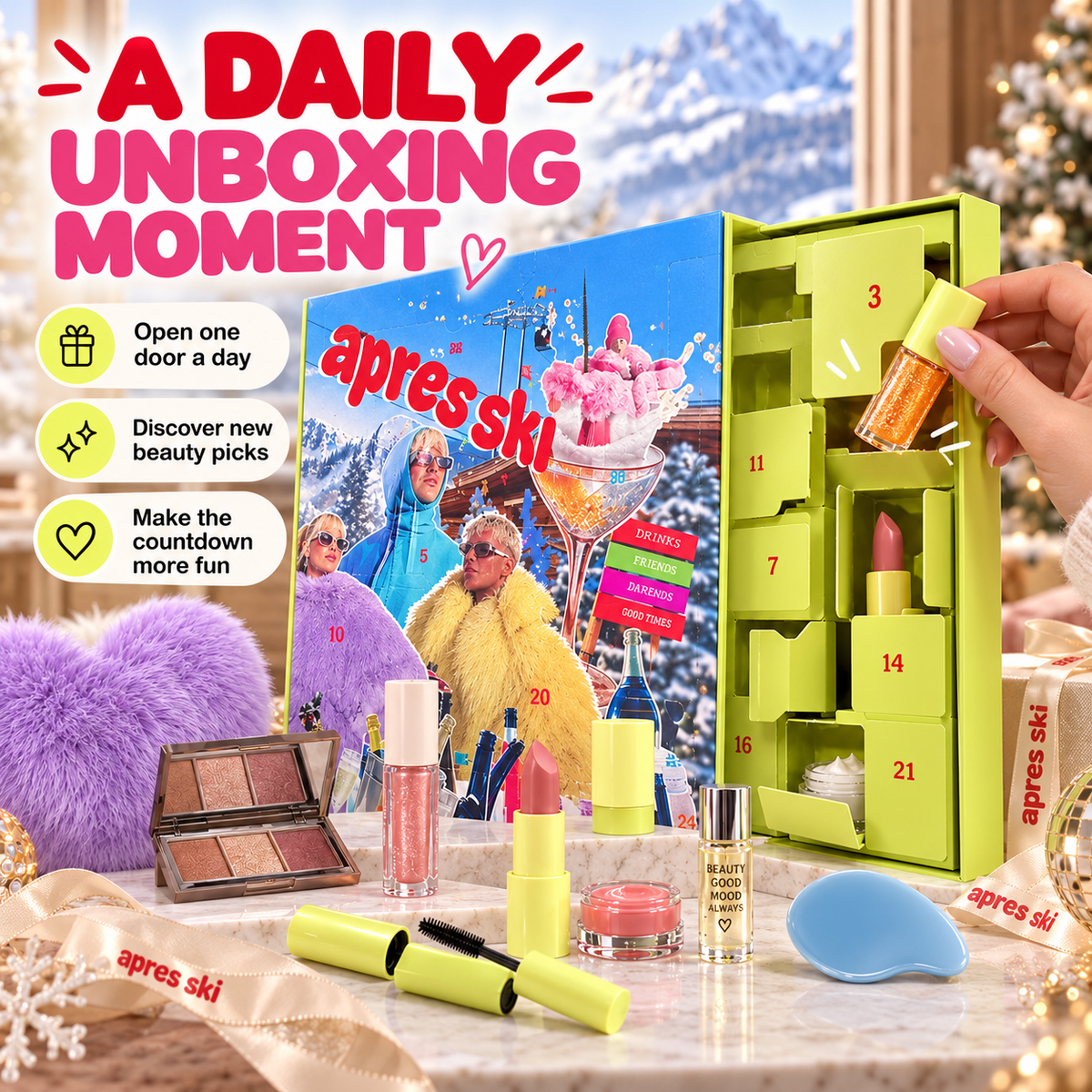 Opening one numbered door of the beauty advent calendar to reveal a beauty surprise