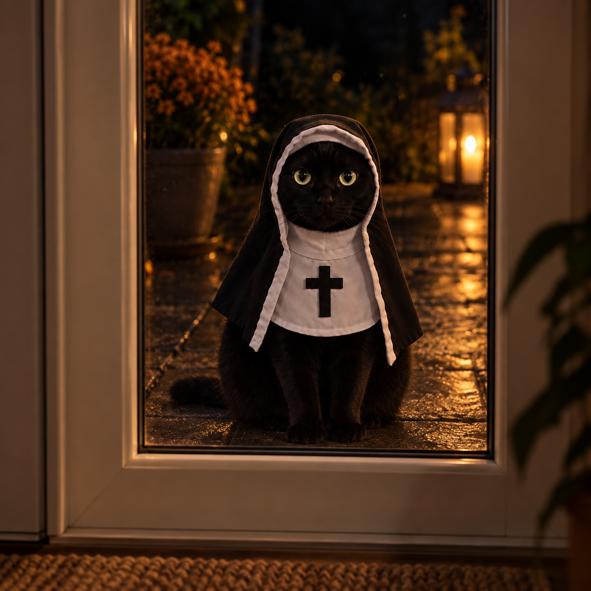 Cat in a hooded Halloween costume sitting outside a doorway at night