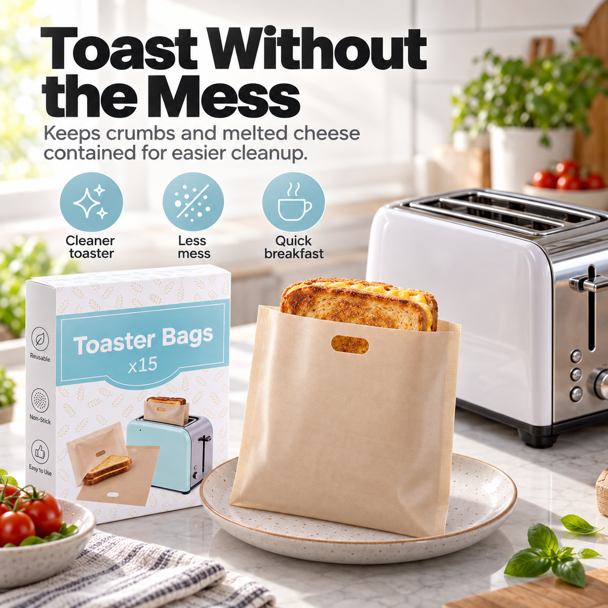 Reusable toaster bag holding a hot grilled cheese beside a toaster