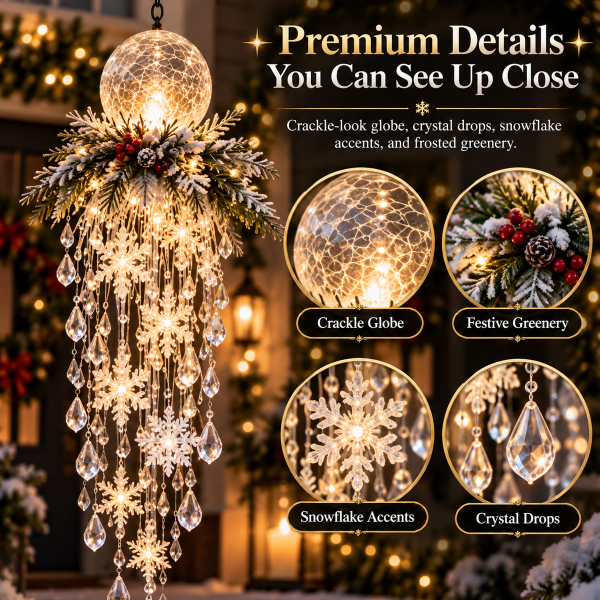Close-up of crackle-look globe greenery snowflake accents and crystal-look drops