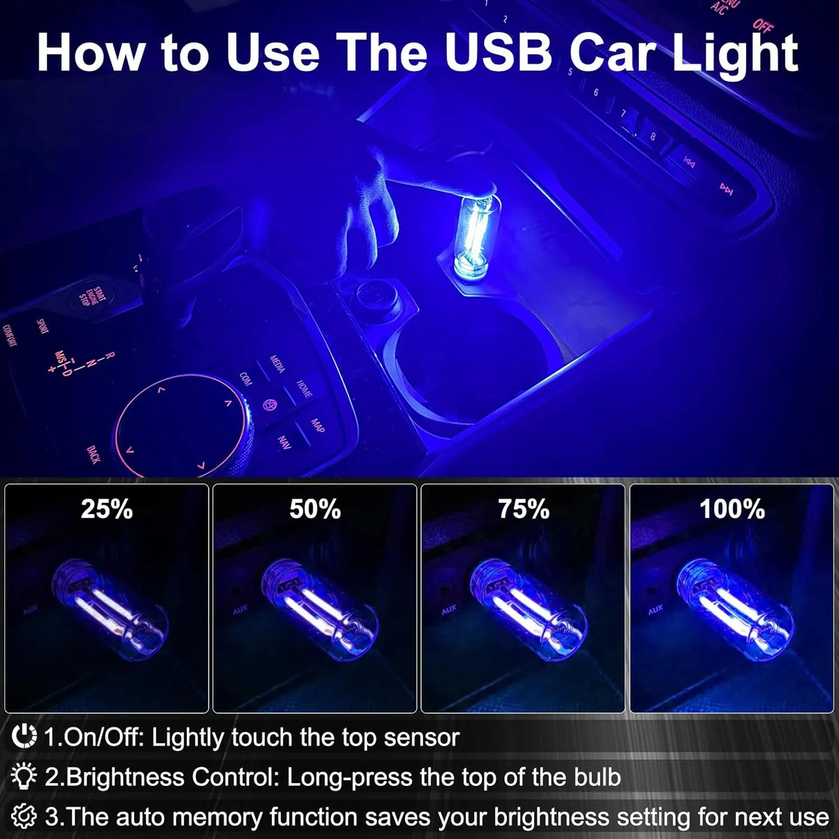 Touch-controlled blue USB car night light showing adjustable brightness levels