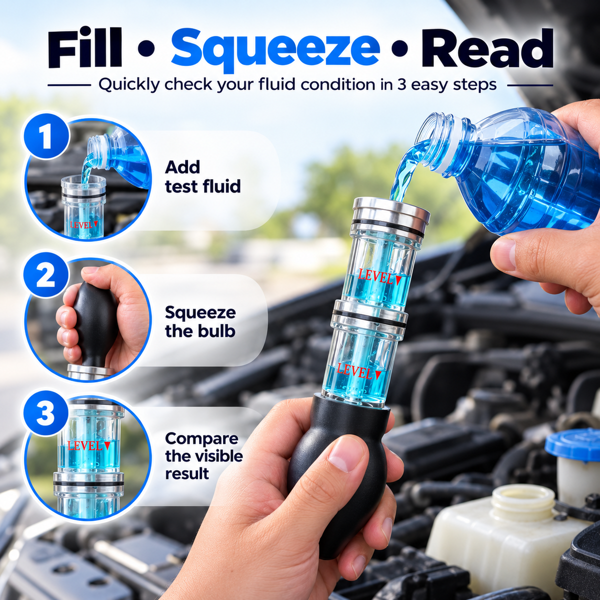 Three step fill squeeze and read head gasket tester process