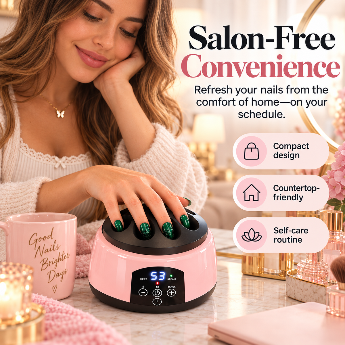 Woman enjoying a calm at-home manicure routine with a pink electric gel nail steam remover on a vanity counter