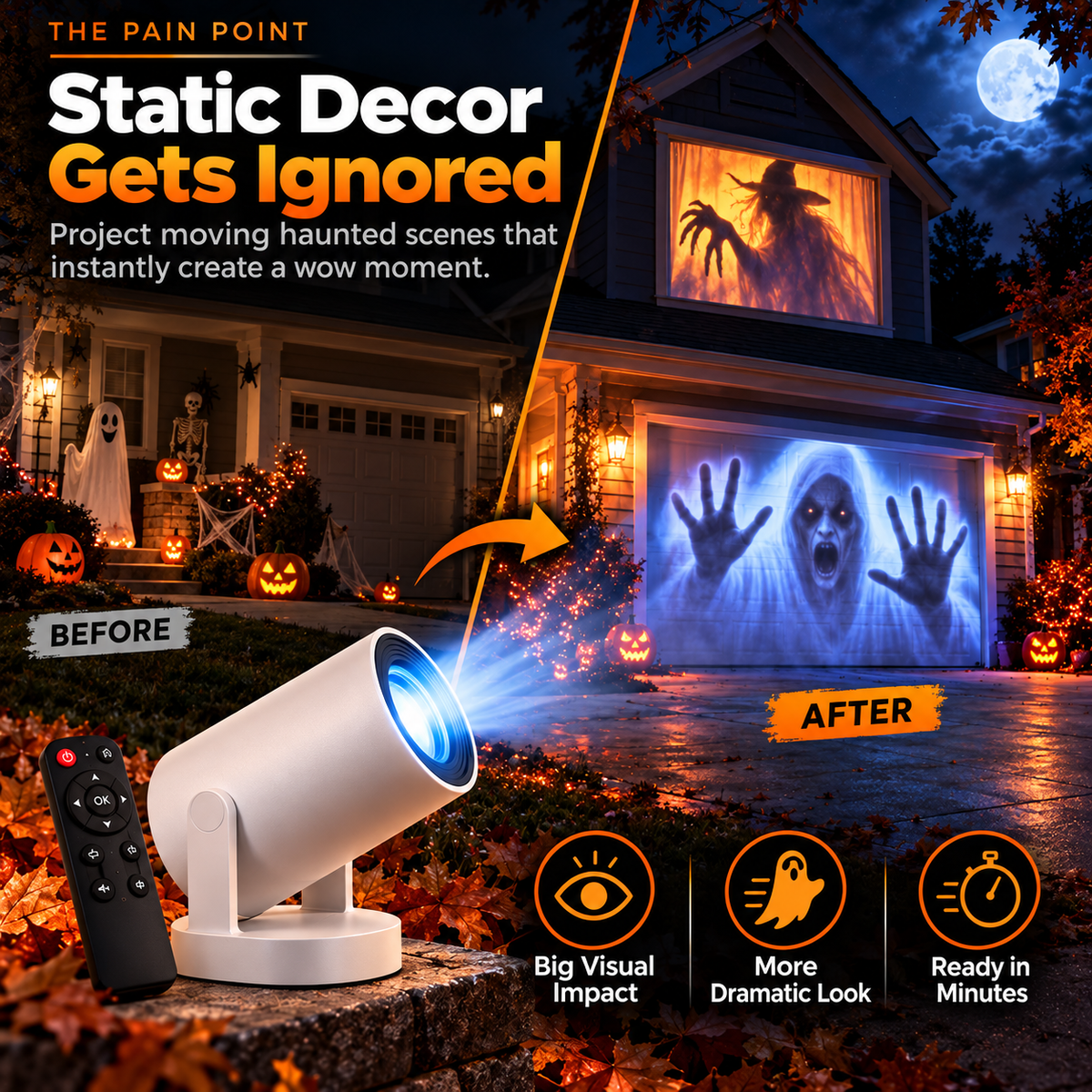 Before and after Halloween house transformation using animated haunted projection