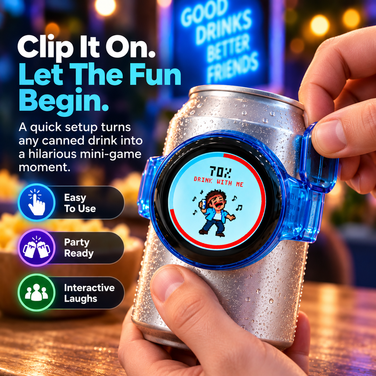 Interactive Pixel Party Can Companion being clipped onto a canned drink