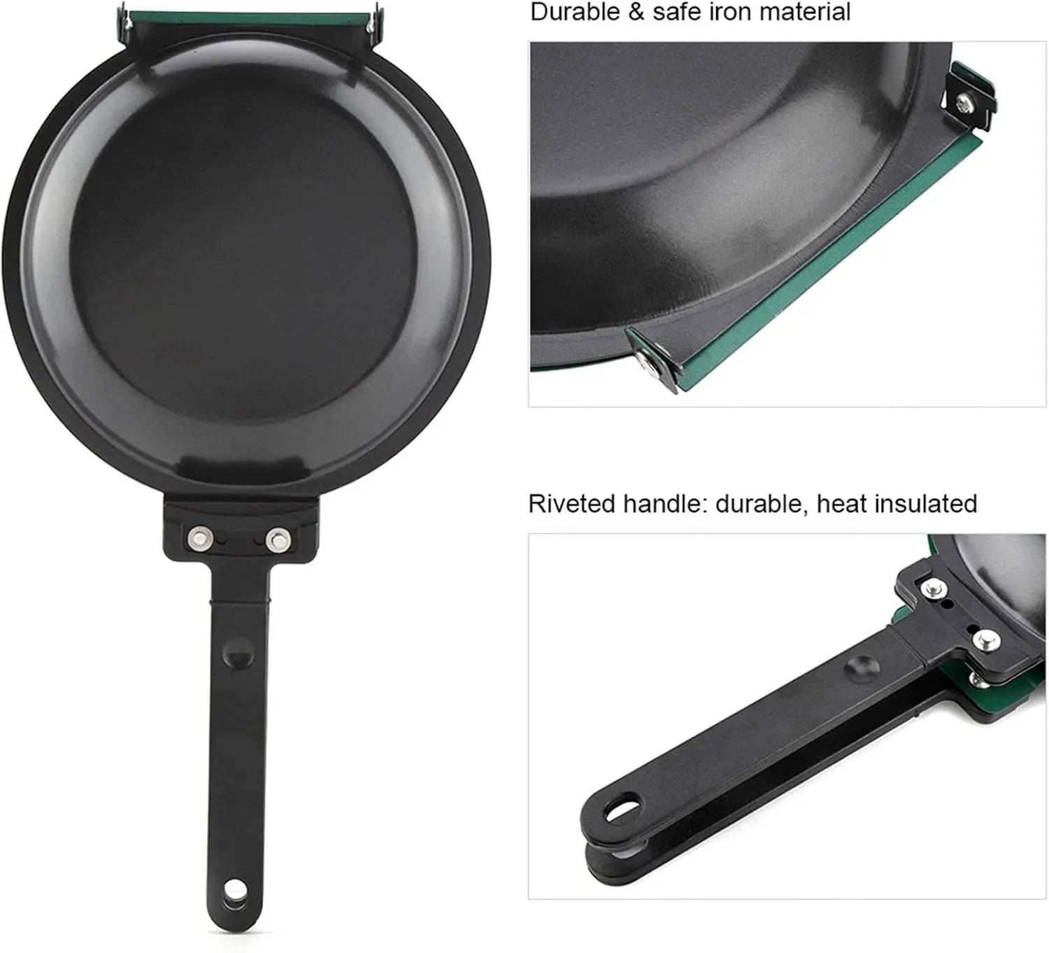 Double-sided frying pan body hinge and handles