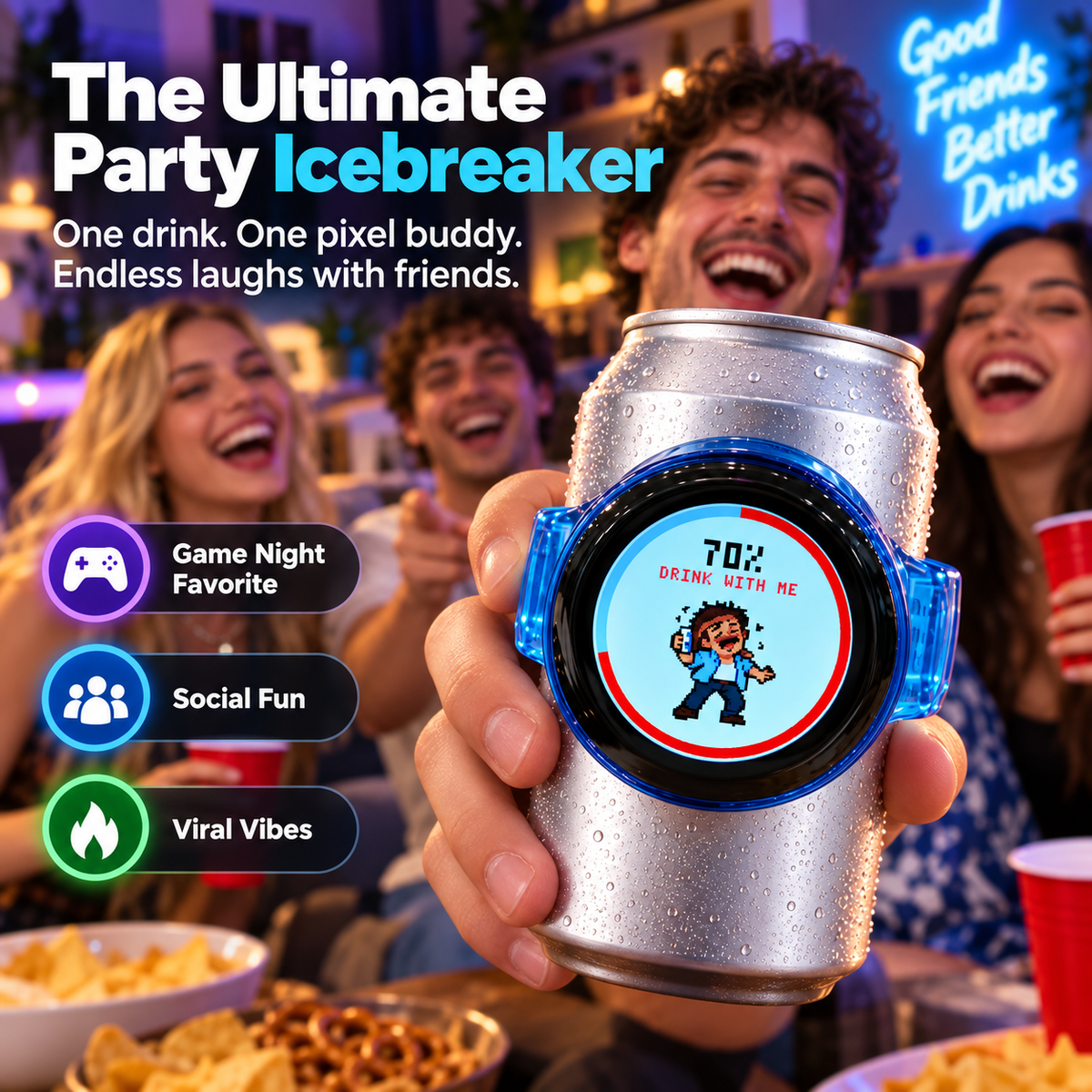 Interactive Pixel Party Can Companion being held during a social gathering