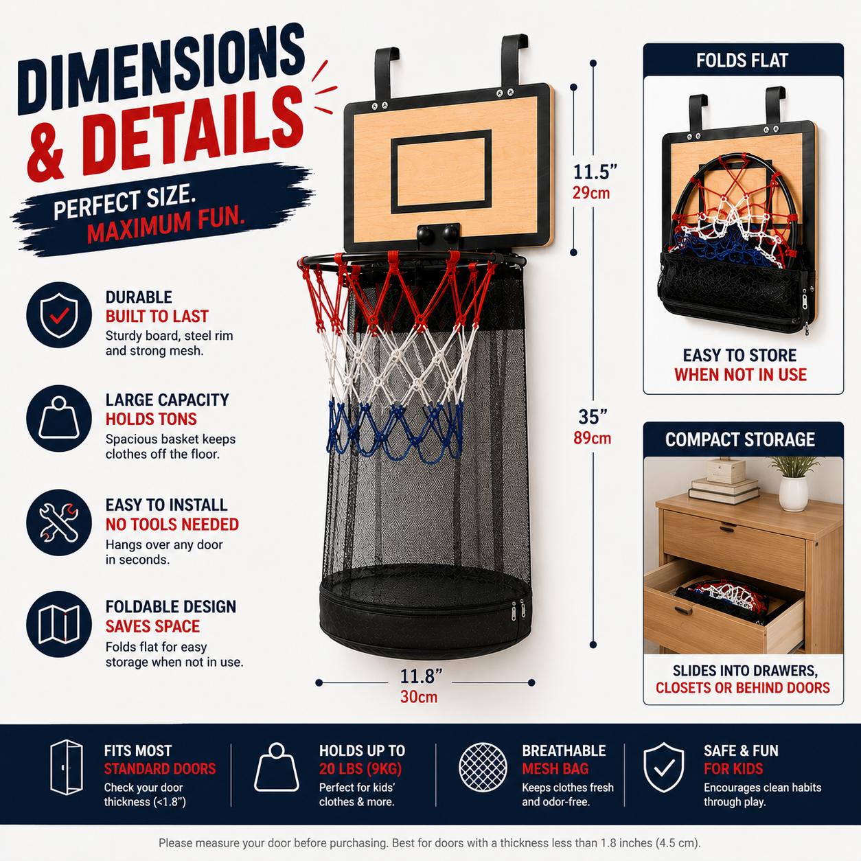 🏀Basketball Laundry Hamper – Over-the-Door Laundry Hoop for Kids' Rooms