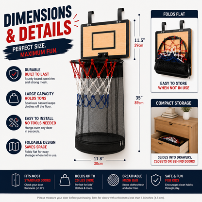 🏀Basketball Laundry Hamper – Over-the-Door Laundry Hoop for Kids' Rooms