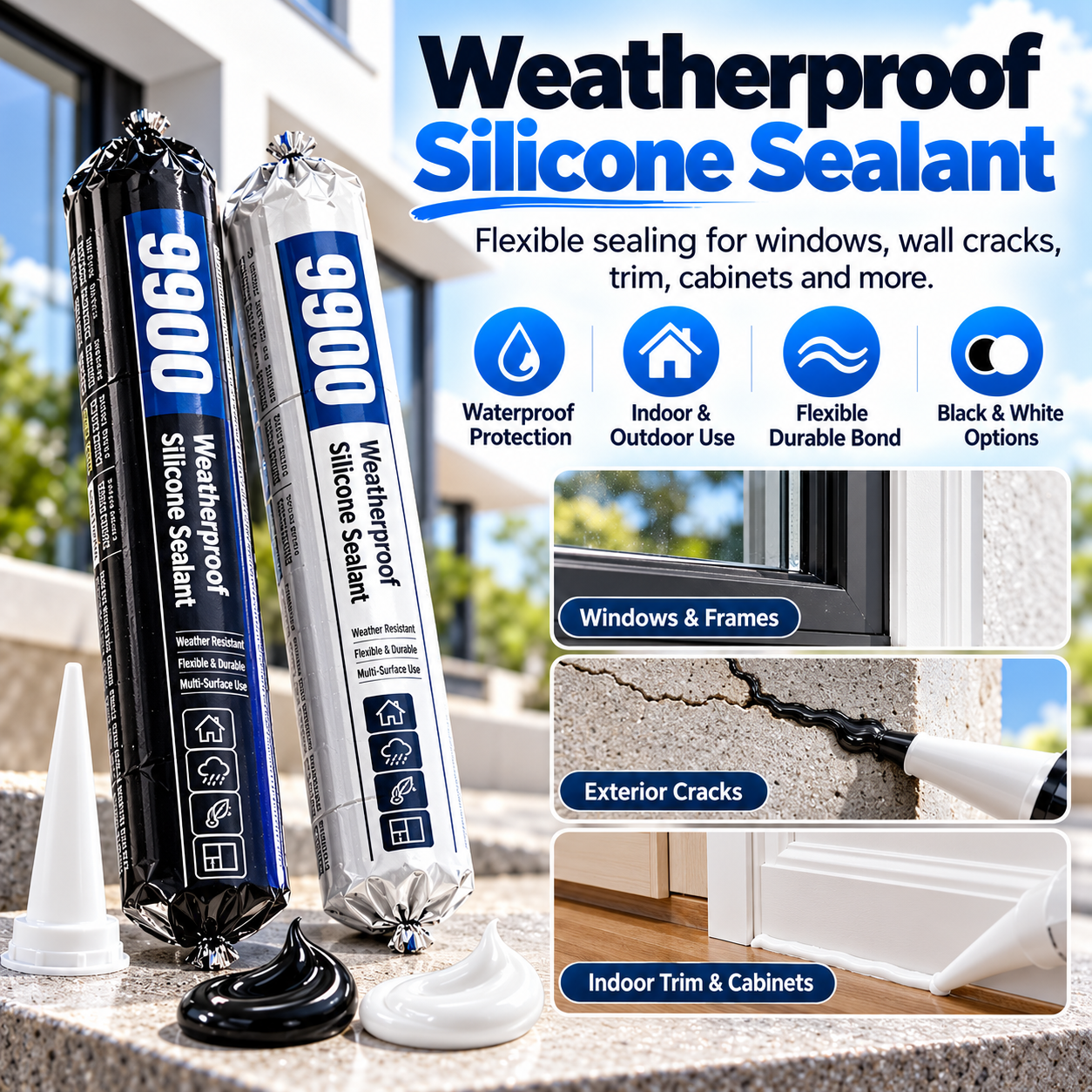 Black and white 9900 sealant with illustrated home repair areas