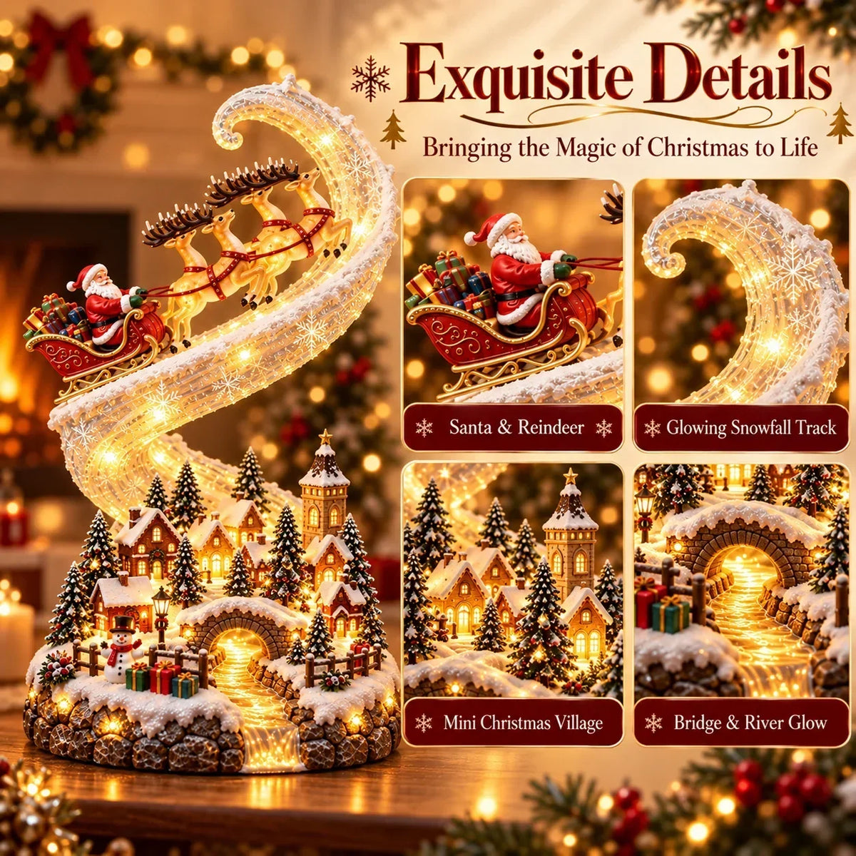 Santa's Magical Sleigh Ride glowing village with reindeer snowy houses and bridge