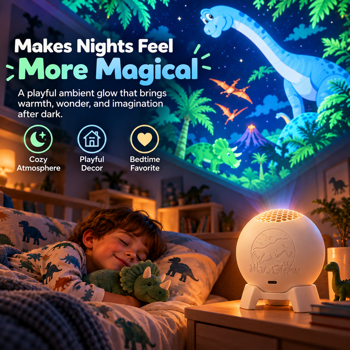 Child relaxing in a dinosaur themed bedroom with a projector creating evening atmosphere