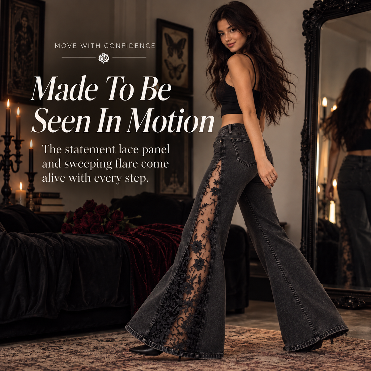 🖤🔥 Women's Gothic Black Flare Jeans 👖🌹 Sheer Floral Lace Side Panels ✨🦋 High-Waisted Wide-Leg Denim Pants | Sexy & Edgy Streetwear 💋