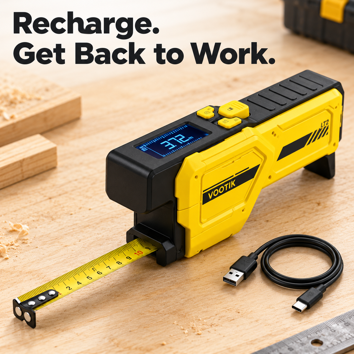 Digital tape measure with physical tape and charging cable
