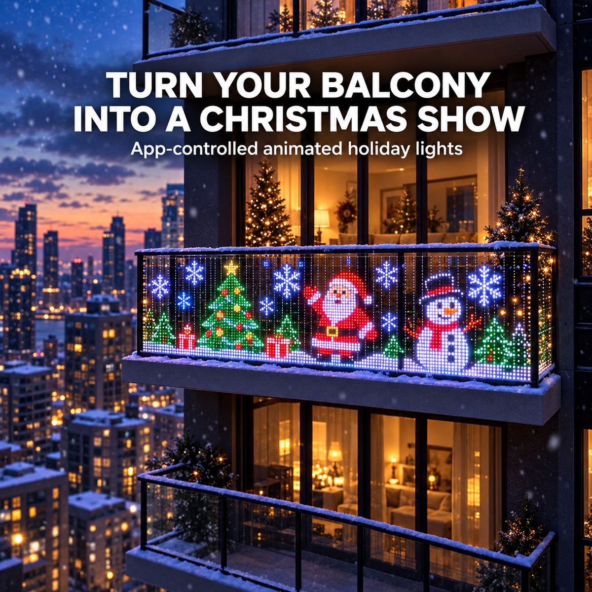 Animated Christmas LED pixel curtain lights on a balcony