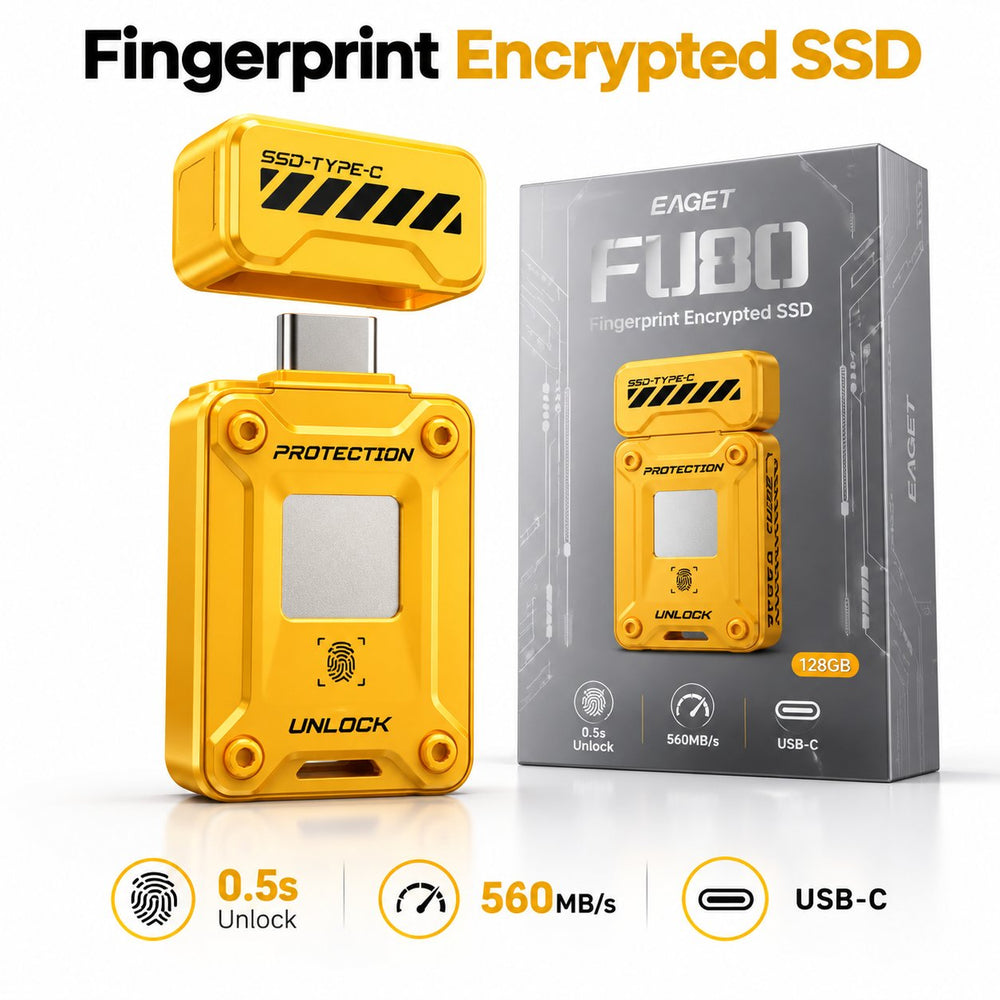 EAGET FU80 yellow fingerprint encrypted solid state flash drive with retail packaging and USB-C connector