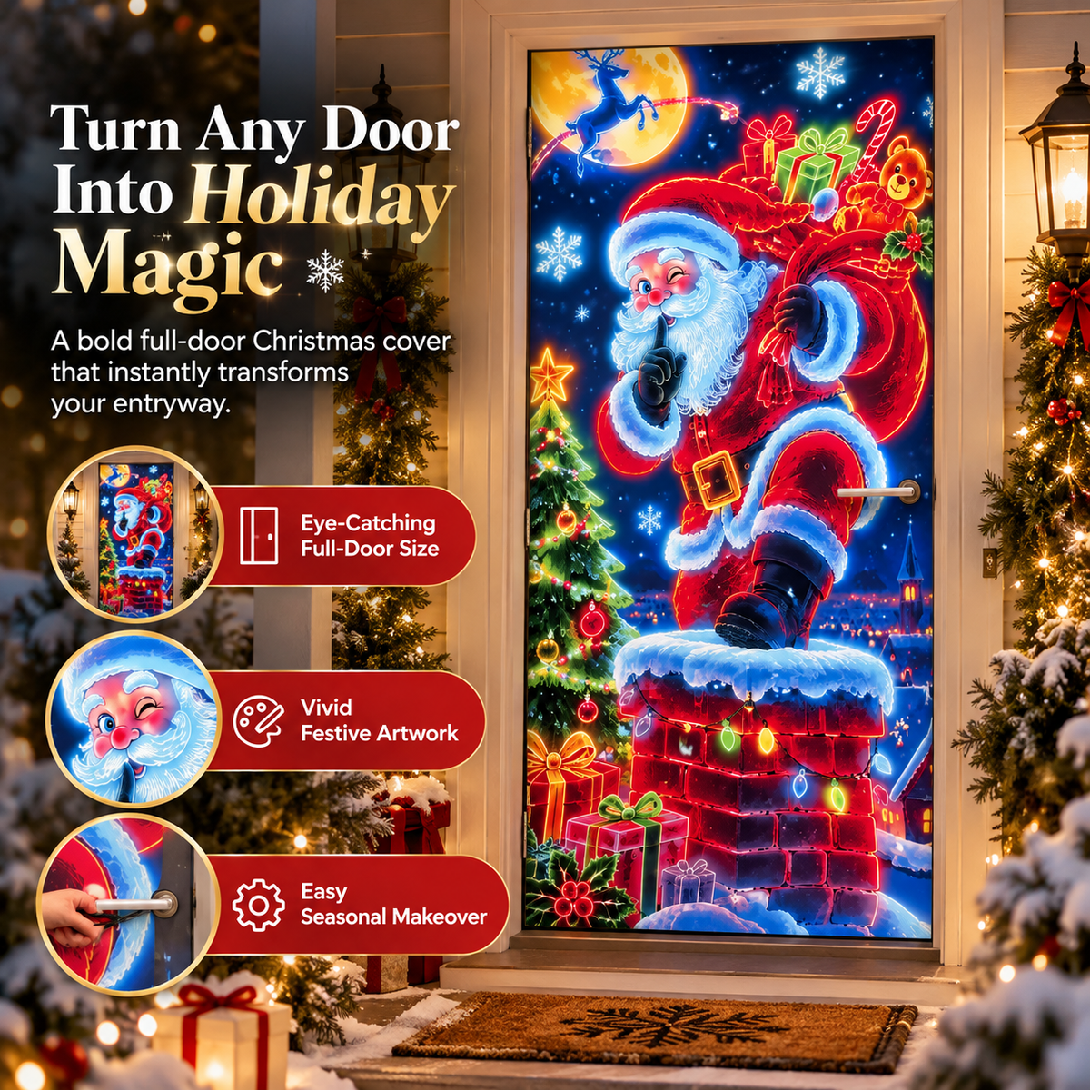 🎅🎄✨ Magical Santa Christmas Door Cover 🎁❄️ Full-Door Holiday Decoration, Festive Santa Claus Artwork, Snowy Winter Wonderland Entryway Decor 🏠🎀❤️